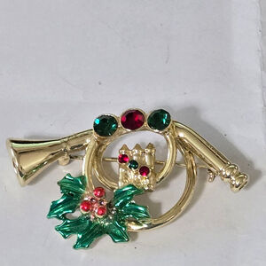 Vintage AJC Christmas French Horn Brooch Pin 1980's Goldtone Green Red Crystals